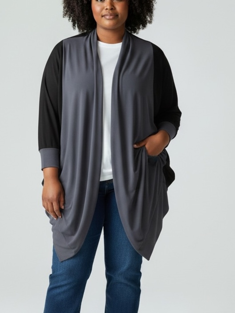 Sympli Open Front Colourblock Cardigan Black